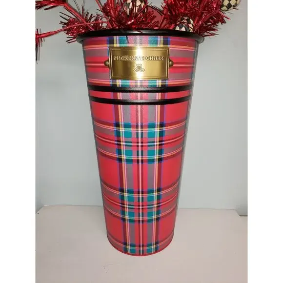 Mackenzie Childs Red Tartan Metal Bucket Wall Vase Holidays Plaid NIB Retired - Picture 8 of 8